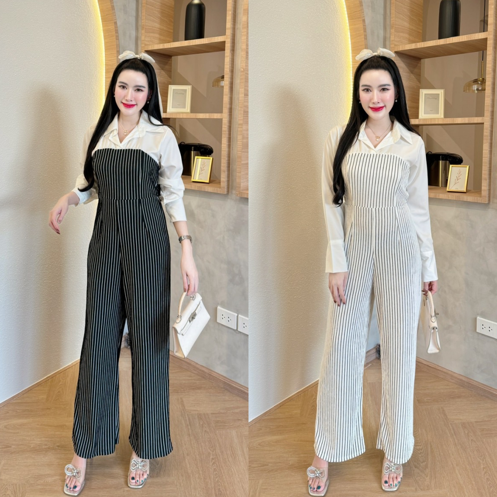 จั๊มยาวผ้าเปลือกไม้ลายริ้วช่วงบนแต่งผ้าไหมอิตาลีแขนยาวคอปกซิปหลัง A5244