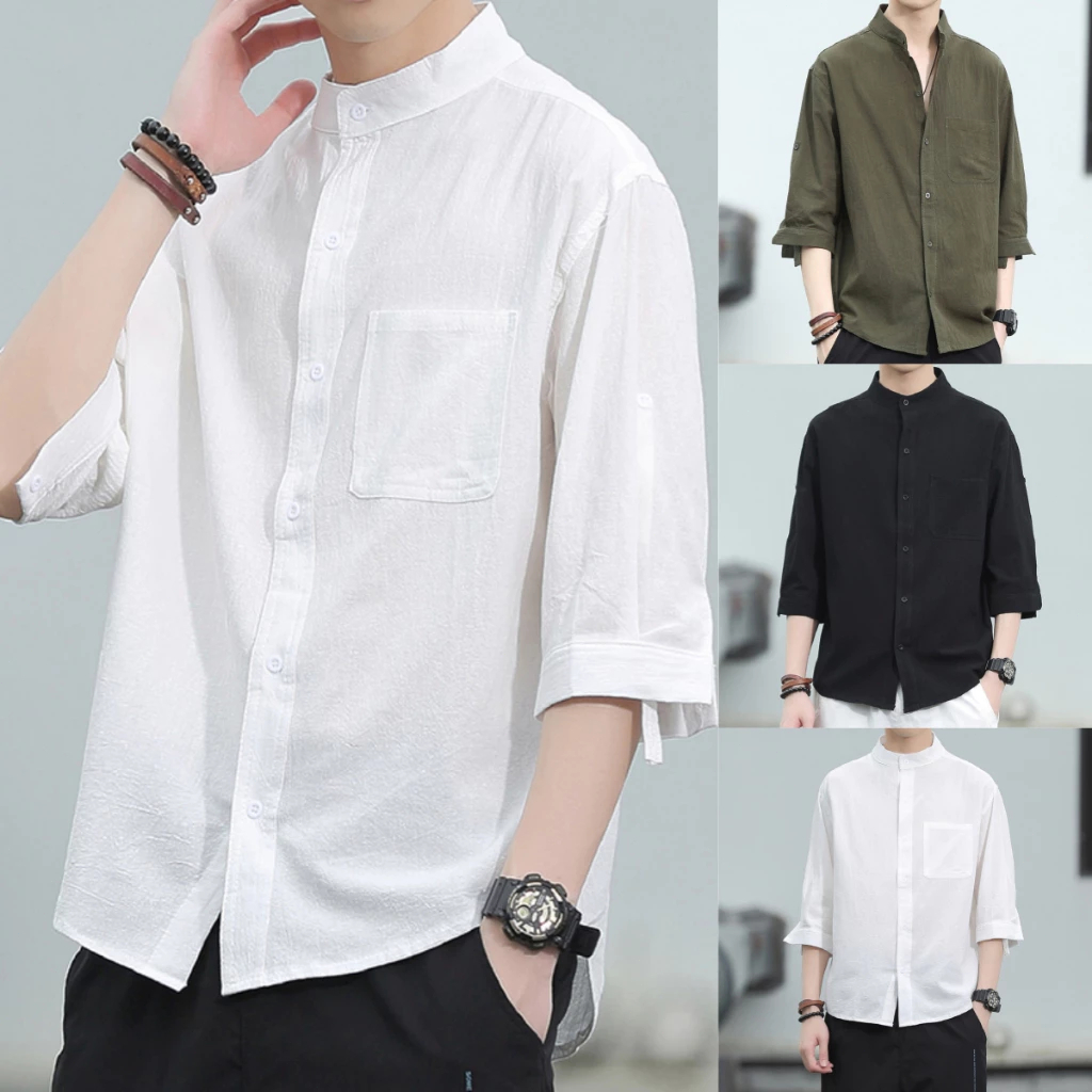 ONE-WE เสื้อเชิ้ตผู้ชายแขนสั้น เสื้อคอจีน ผ้าฝ้าย และผ้าลินิน ใส่สบาย เหมาะกับเดินชายหาด พร้อมส่ง