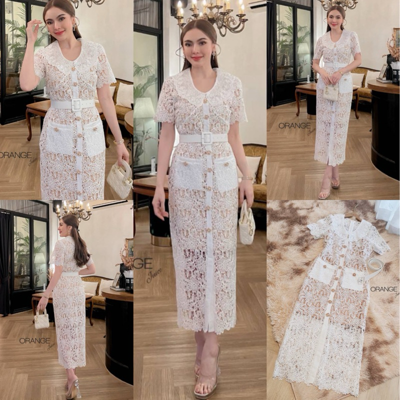 🧡พร้อมส่ง S-2XL🧡ป้าย Orange Juice💕เดรสลูกไม้ สีขาว แต่งกระดุมสวยมาก ชุดออกงาน ชุดงานบุญ