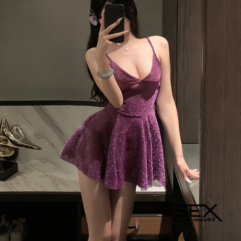Sexy Girl ชุดนอนเซ็กซี่ กระโปรงแขวน สายสะพายไหล่ปรับได้ วัสดุที่เป็นประกาย เหมาะกับไนท์คลับ จัดส่งที่รวดเร็ว