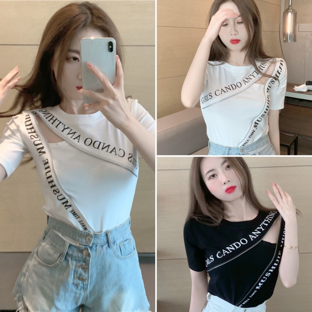 cherryshop พร้อมส่ง เสื้อยืดผู้หญิง เสื้อแฟชั่น ดีไซน์เก๋ไก้แบบซิป แขนสั้นเซ็กซี่ สไตล์เกาหลี พิมพ์ตัวอักษร