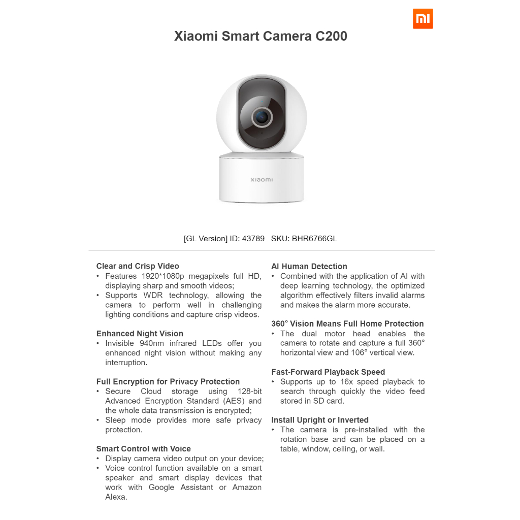 พร้อมส่ง XIAOMI Smart Camera C300 Voice Control ระบบ AI กล้องวงจรปิด wifi กล้องวงจรปิดไร้สาย mi home