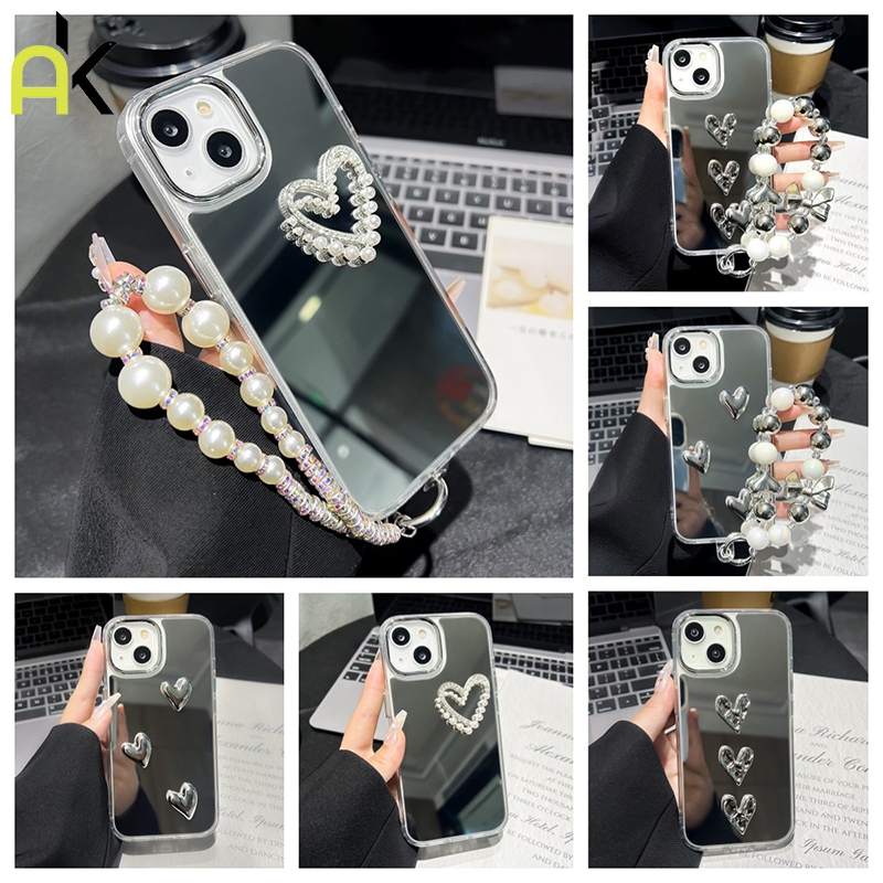 AK โปร่งใสเคสโทรศัพท์ปุ่มเงินรูปร่างกระจกสำหรับiPhone 11 12 13 14 15 Pro Max Xr Xs Maxพร้อมสร้อยข้อมือ