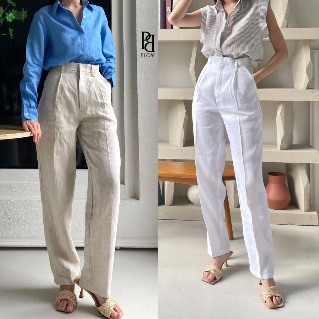 PLOWBRANDS - PL2002 กางเกงขายาวเอวสูงผ้าลินิน "Feminine pant" (รวมสี)