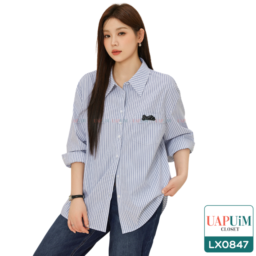 (LX0847)เสื้อแขนสั้นสาวอวบเสื้อเชิ้ตสไตล์สตรีท กับดีไซน์โอเวอร์ไซส์สุดชิค ลายทางคลาสสิกที่ไม่เคยตกยุค