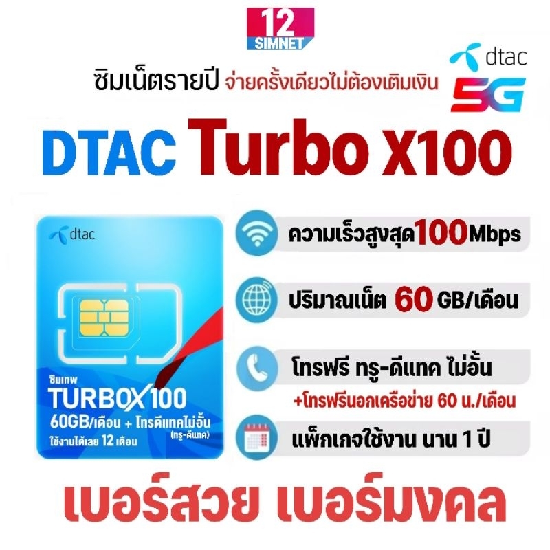ซิม ดีแทค Turbox100 เน็ต​แรง​ MaxSpeed 60GB/เดือน + โทรฟรีในเครือข่าย ทรู-ดีแทค นาน​ 1​ ปี​​ #เลือกเบอร์สวย​ เบอร์มงคล