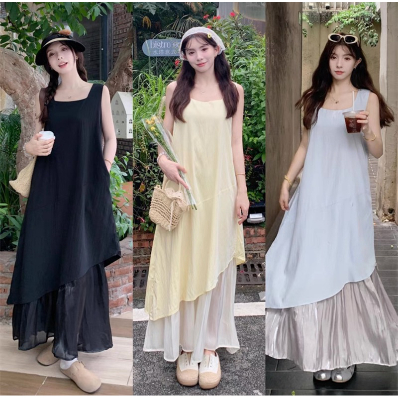เดรสกระโปรงคอเหลี่ยม แขนกุด แต่งปลายระบาย เนื้อผ้าดี ใส่สบาย มีซับใน พร้อมส่งค่ะ