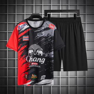 🔥สินค้าพร้อมส่ง🔥เสื้อยืด+กางเกงขาสั้น ชุดกีฬาผู้ชา ชุดกีฬา ชุดฟุตบอล + ธงLogoช้าง ชุดกีฬา 2 ชิ้น