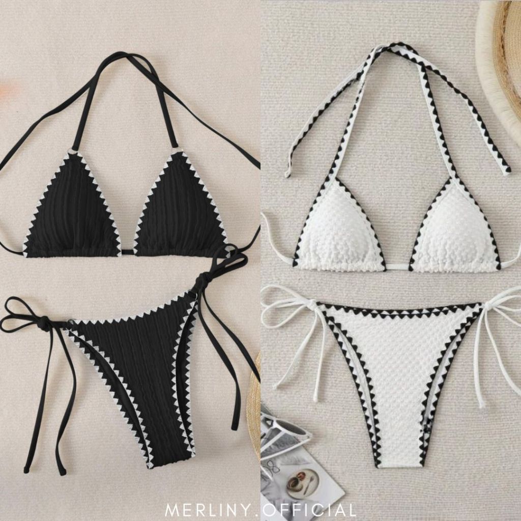 พร้อมส่งจากไทย Bridget Bikini บิกินี่สีดำขอบขาว เรียบหรู ชุดว่ายน้ำ บิกินี่ เชือกผูก
