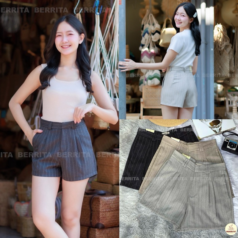 กางเกงขาสั้น ผ้าทอลายริ้ว ซิปหน้าตะขอหน้า ดีเทลหูเข็มขัดคู่ #BR068