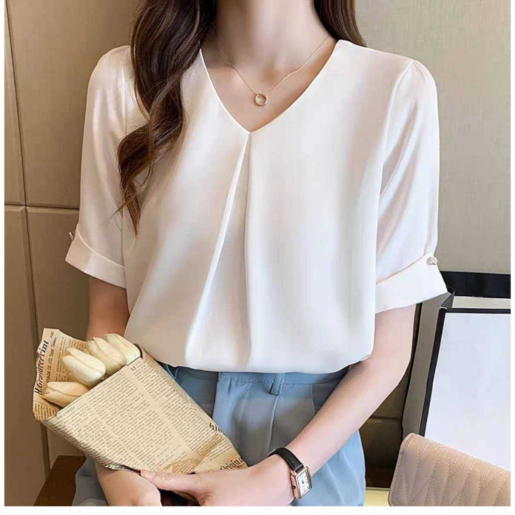 MIKIE C15 เสื้อคอวี สไตล์เรียบหรู ลูกคุณหนูดูแพง สาวผอม-สาวอวบ อกได้ถึง 60++ แต่กลีบด้านหน้า แขนพับ