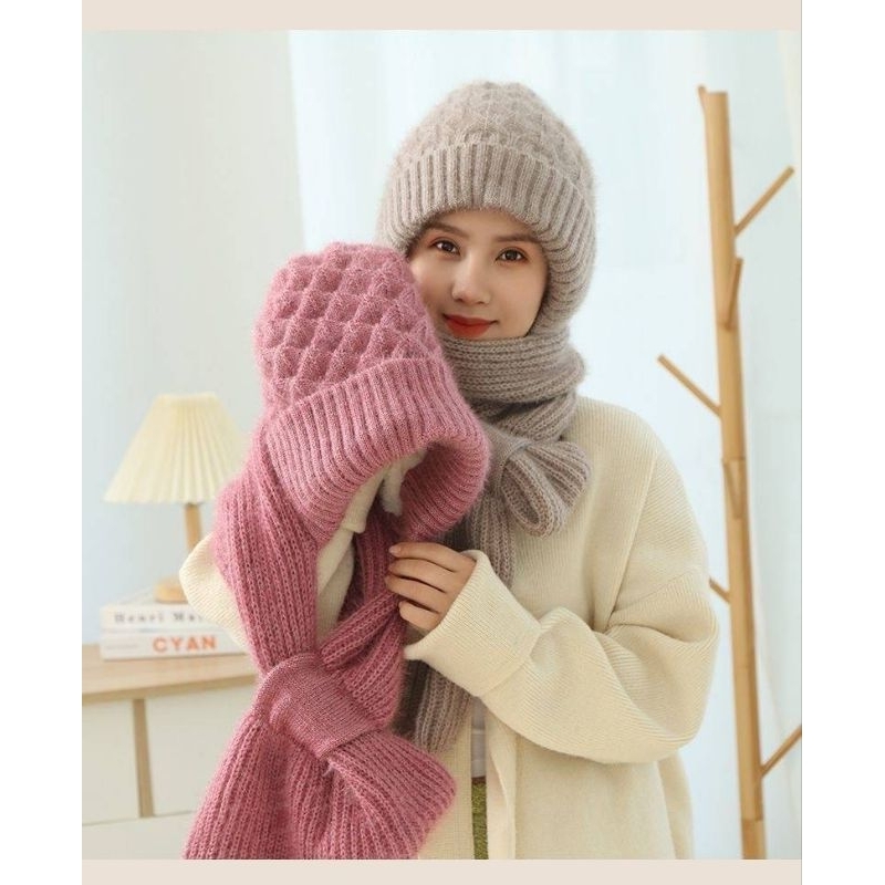 หมวกไหมพรมอะคริลิค กันหนาว พร้อมผ้าพันคอในตัว ส่งจากไทยร้านในไทย