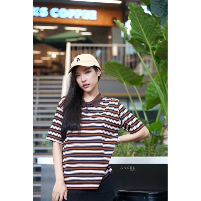 ANGEL STYLE T223 เสื้อคอปกแขนสั้น ผ้าคัตตอลผสมลายริ้ว