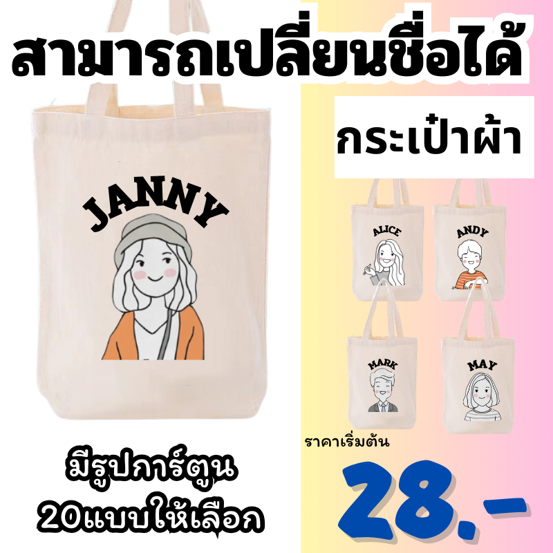 (สกรีนข้อความ) กระเป๋าผ้า ถุงผ้า เติมชื่อได้ Name กระเป๋าผ้า Collection Minimal Girl
