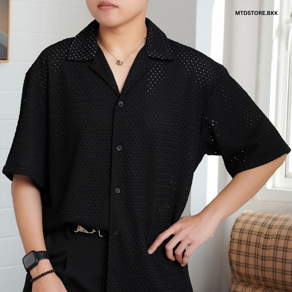 MTD Store เสื้อเชิ้ตแขนสั้น เสื้อแขนสั้น เสื้อคอปก เสื้อซีทรูลายจุด แฟชั่นผู้ชาย T03 Dot Shirt