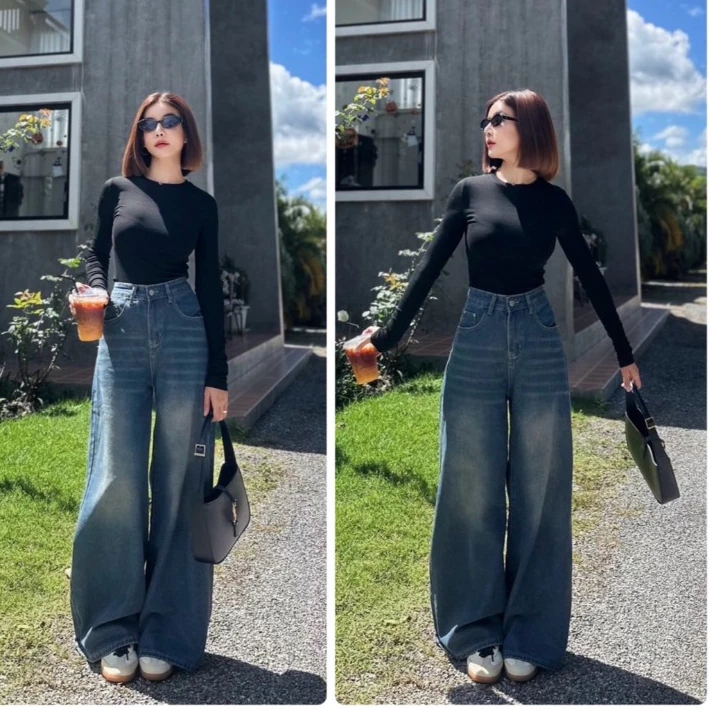 V14 กางเกงยีนส์กระบอกใหญ่ สีสนิมเข้ม Baggy Jeans ผ้ายีนส์ ไม่ยืด