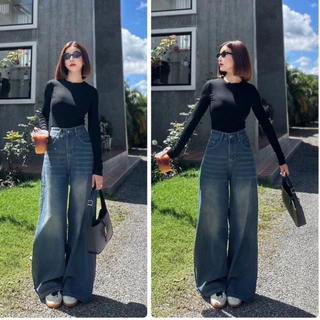 V14 กางเกงยีนส์กระบอกใหญ่ สีสนิมเข้ม Baggy Jeans ผ้ายีนส์ ไม่ยืด