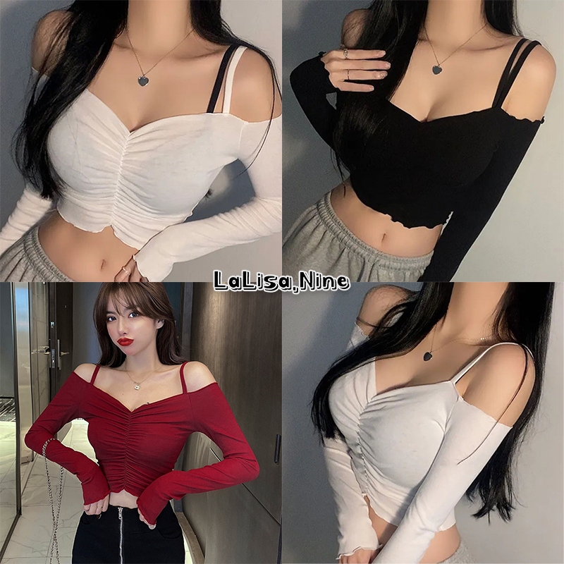 Lalisa พร้อมส่ง เสื้อครอปสายเดี่ยวแขนยาว เสื้อปาดไหล่ผู้หญิง ทรงเข้ารูปY2Kสีขาวเซ็กซี่ ใส่ได้หลายฉาก
