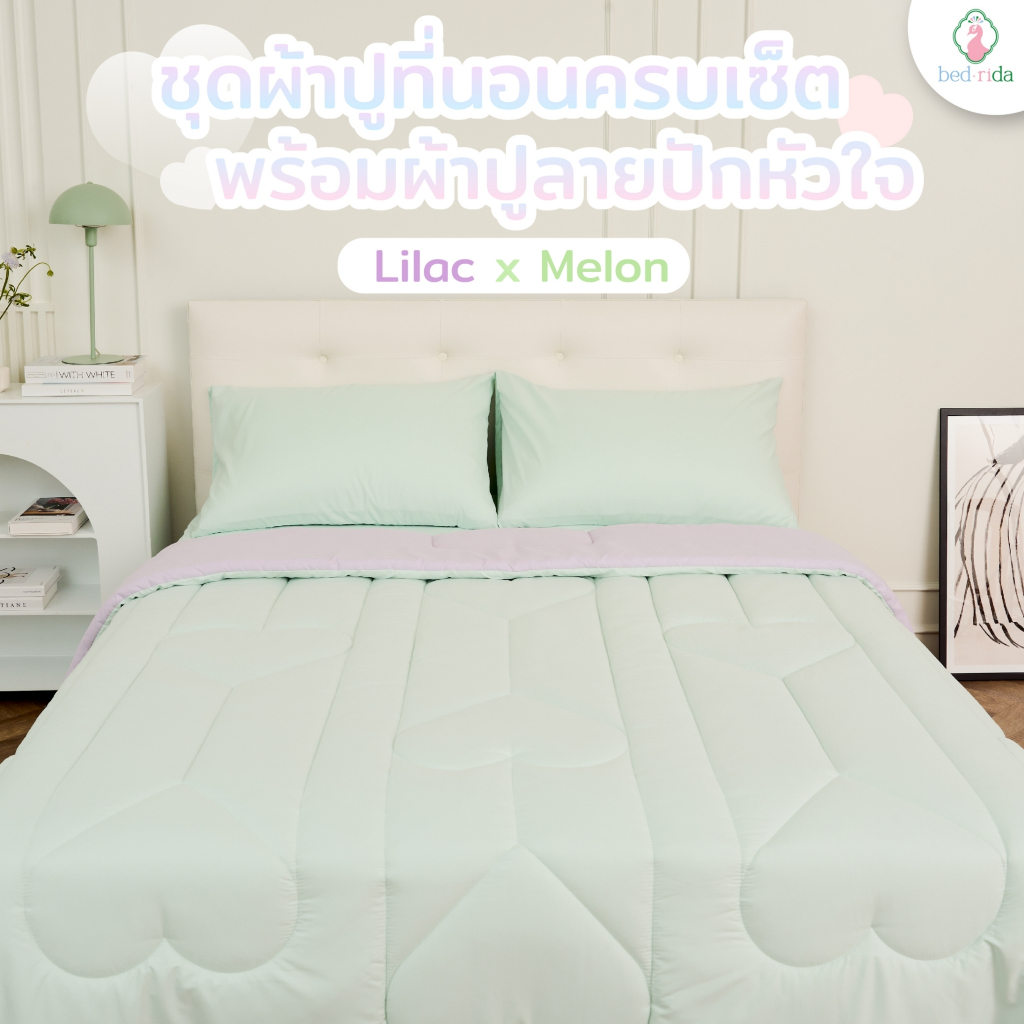 BEDRIDA ชุดผ้าปูที่นอนครบเซ็ต พร้อมผ้านวมทูโทน สีเขียวอ่อนคู่กับสีม่วงปักลายหัวใจ
