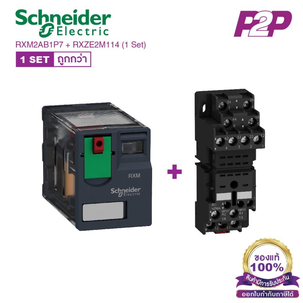 RXM2AB1P7 + RXZE2M114 (1 Set) : รีเลย์พร้อมฐานเสียบ 2 คอนแทค 12A 230VAC - Schneider Relay&Socket by 