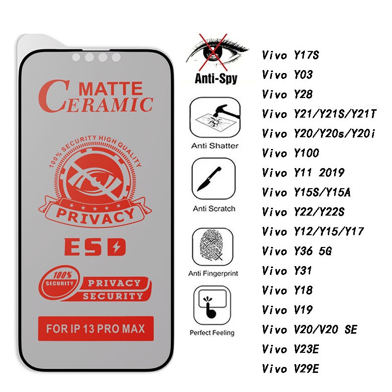 ฟิล์มกันสปายหน้าจอ for Vivo Y17S Y21 Y28 Y03 Y11 Y20 Y15S Y100 Y22 Y36 Y15 Y18 Y31 Y12S V19 V29E V23 ฟิล์มกันรอยหน้าจอ