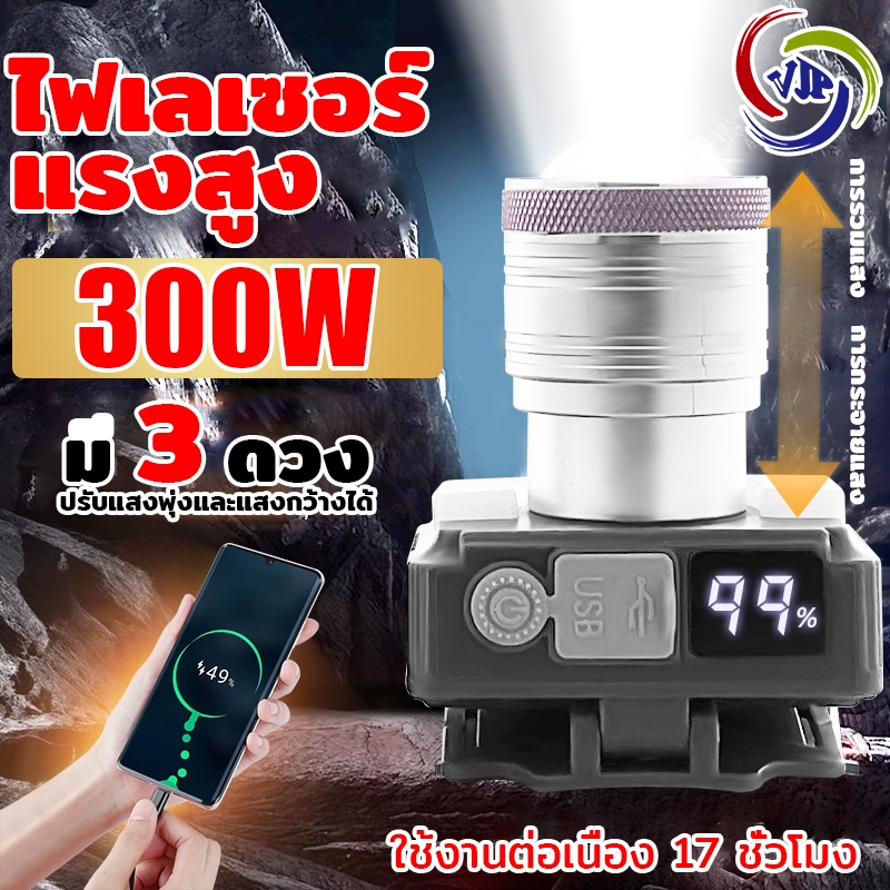 VJP ไฟฉายคาดหัว ไฟฉายแรงสูง 300Wเลเซอร์ Super Zoom ปรับขนาดรูรับแสงได้ 7 โหมดการใช้งาน ชาร์จUSB-C