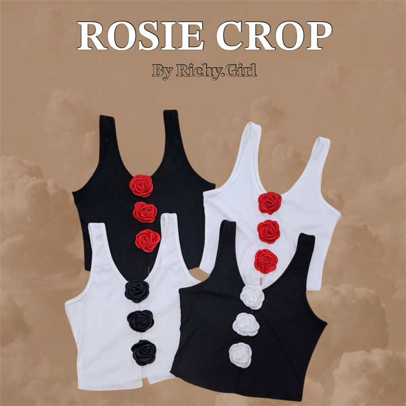Rosie Crop | เสื้อครอปกล้าม เสื้อแขนกุด ผ่าหน้า ผ้าร่องยืดหนา แต่งด้วยกุหลาบแดง *พร้อมส่งในไทย