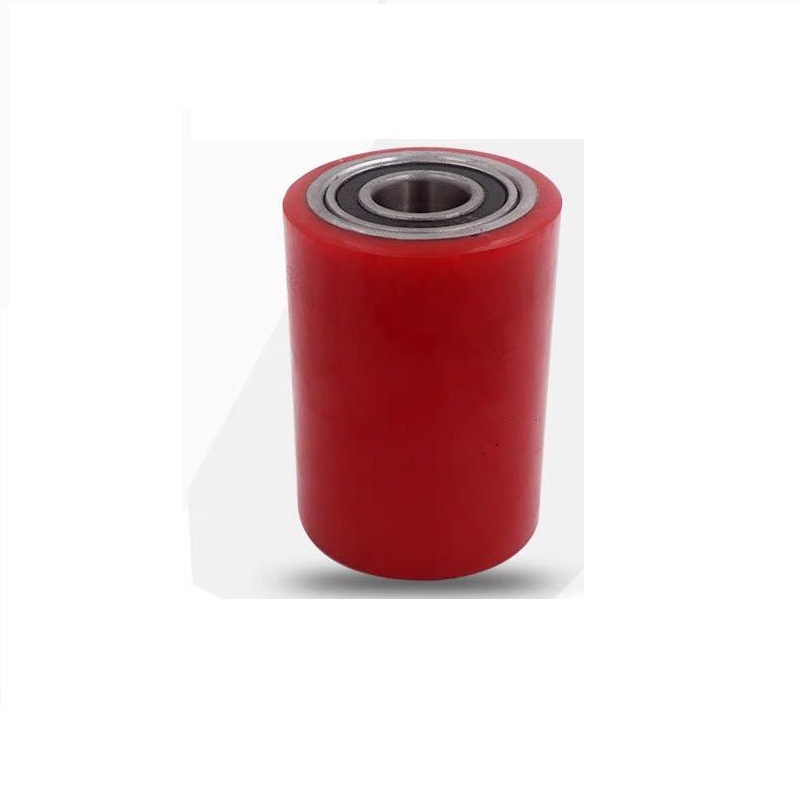 ล้อ PU (โพลียูรีเทน) สีแดง ขนาด 50×70 mm. รู 17 มิล พร้อมลูกปืน 2 ด้าน ล้อรถยก ล้อรถลากพาเลท อะไหล่ล้อแฮนด์ลิฟท์