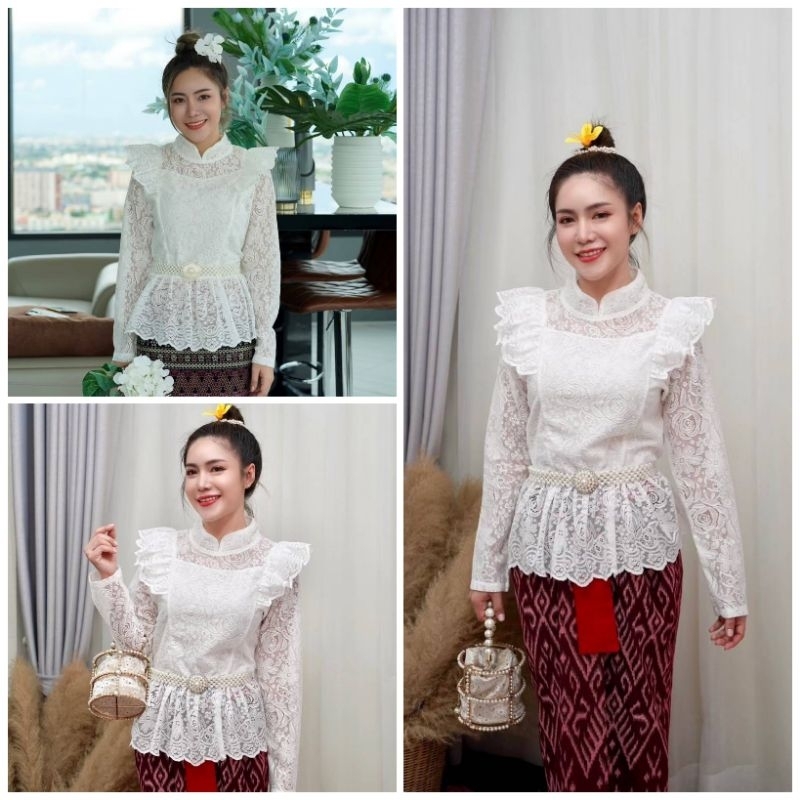 เสื้อลูกไม้ รุ่นปีกแขนยาวคอจีนใส่ชับในทั้งตัวสะมอคตรงเอาติดดุมหนื่งเม็ดตรงหัวไหล่แต่งเชีงลูกไม้เล็กๆ ใส่กับผ้าถุงสวยๆได้