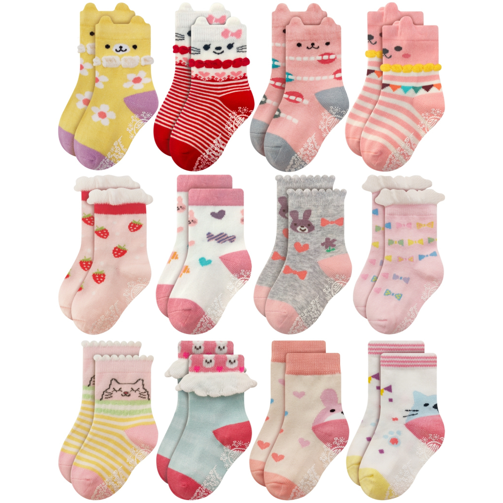 ถุงเท้าเด็ก ถุงเท้ากันลื่นเด็ก คละลาย เด็กผู้หญิง คละสี 12 ลาย แพ็ค 12 คู่