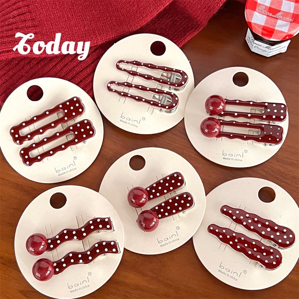 Cute 312 กิ๊บติดผม กิ๊บหนีบผมโทนสีแดงลายจุดขาว 2 ชิ้น/แพ็ค