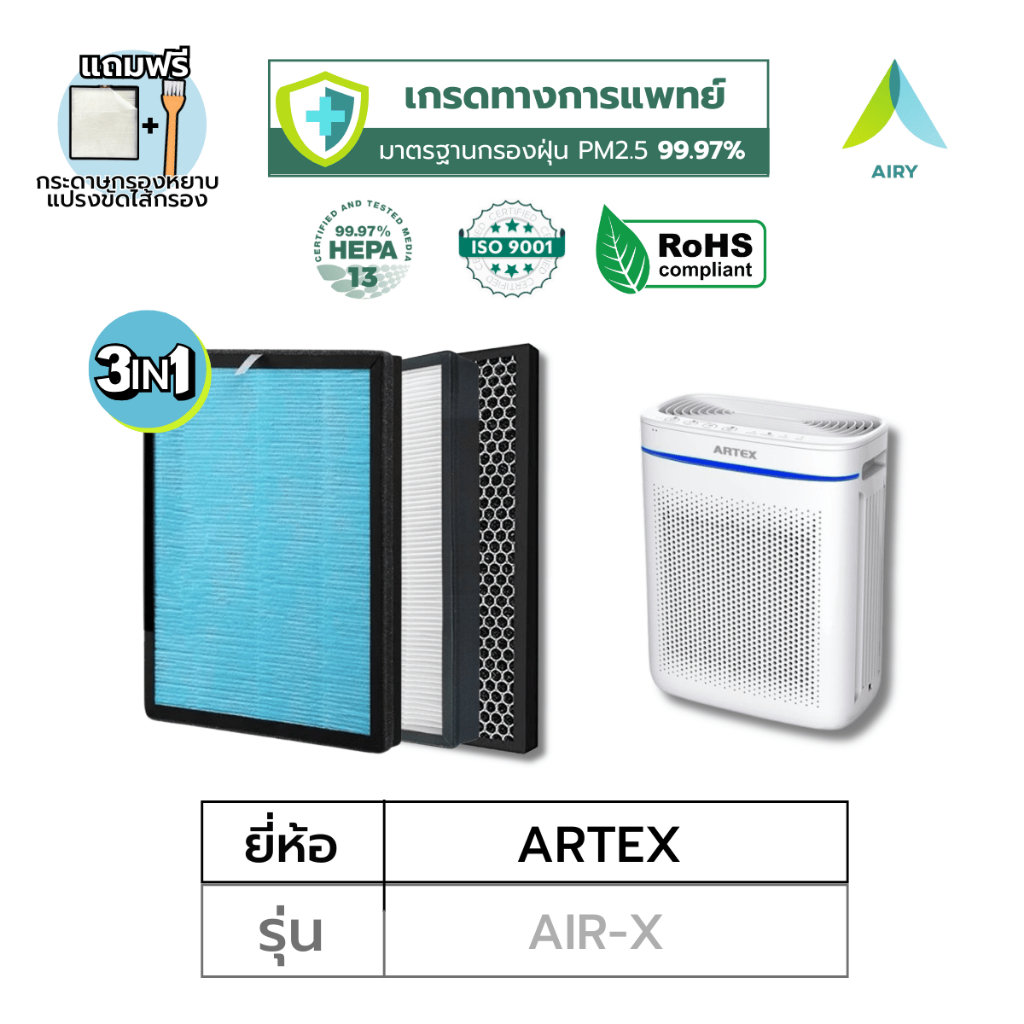 AIRY ไส้กรองอากาศ ไส้กรอง ARTEX รุ่น AIR-X 3in1 ฝุ่นPM2.5 กลิ่น แบคทีเรีย เกรดแพทย์ HEPA H13