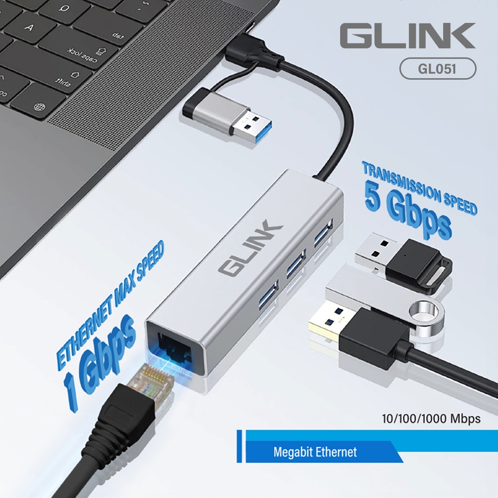 GLINK GL-051 USB3.0 + Type-C Hub+Gigabit Adapter อุปกรณ์เพิ่มช่องต่อ USB3.0+RJ-45 10/100/1000