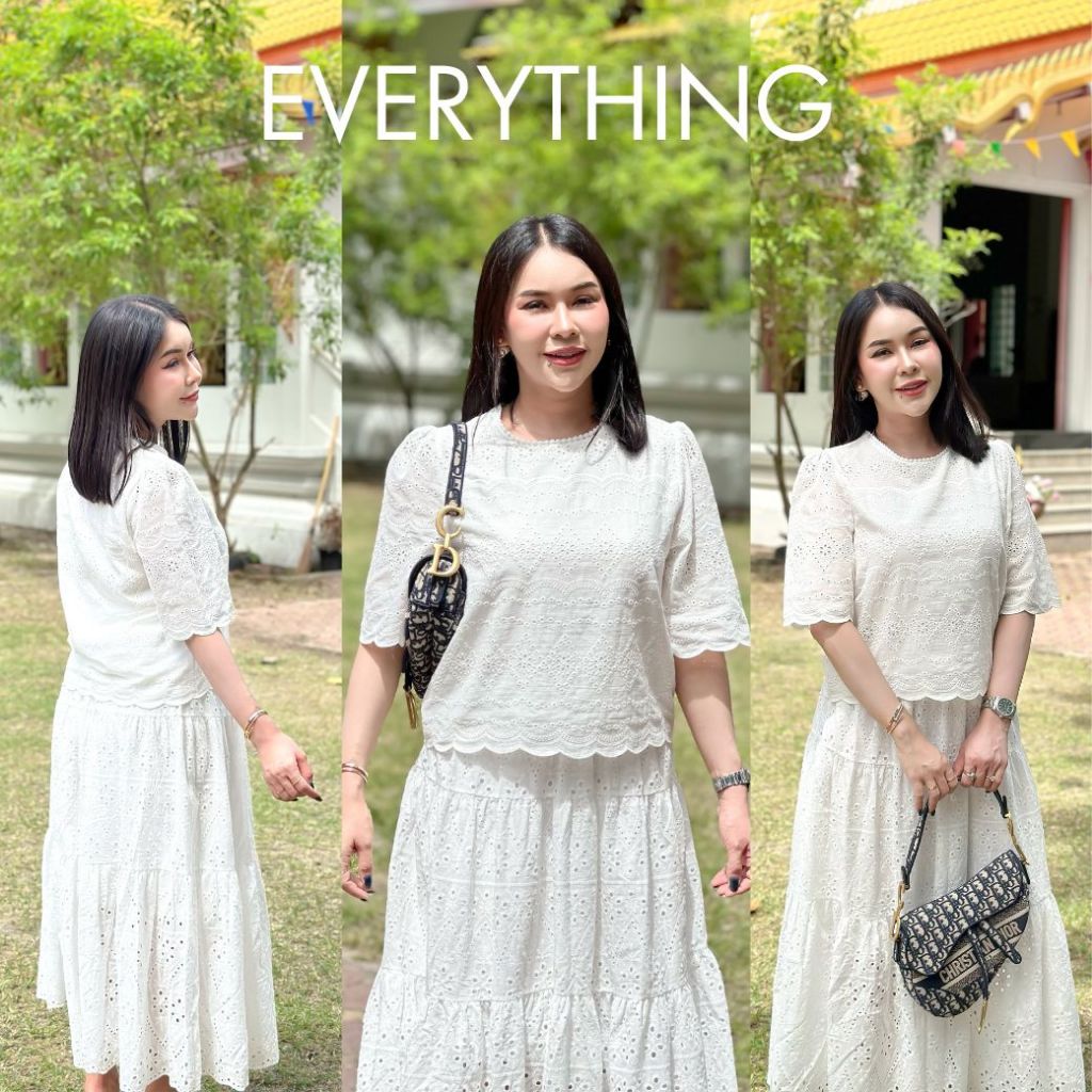Everything แบรนด์เอฟเวอรี่ติง - เสื้อผู้หญิงคอกลม แขนพอง5ส่วน ลูกไม้ฉลุ มีซับใน ใส่งานบุญสวยมาก ใส่ได้ทุกโอกาส มีไซซ์ XS