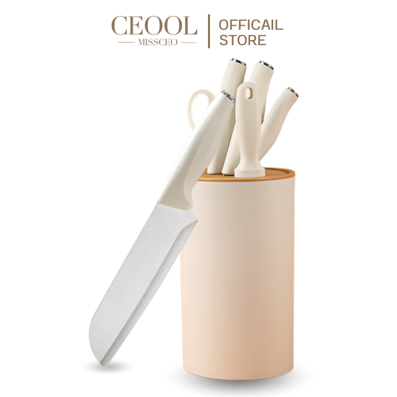 CEOOL 6PCS ชุดมีดทำครัว มีดเหล็กคาร์บอนสูง ชุดเครื่องครัว มีดหั่นเนื้อ+มีดทำครัว+มีดผลไม้+กรรไกร+ที่ใส่มีดสีขาวแบบหนา