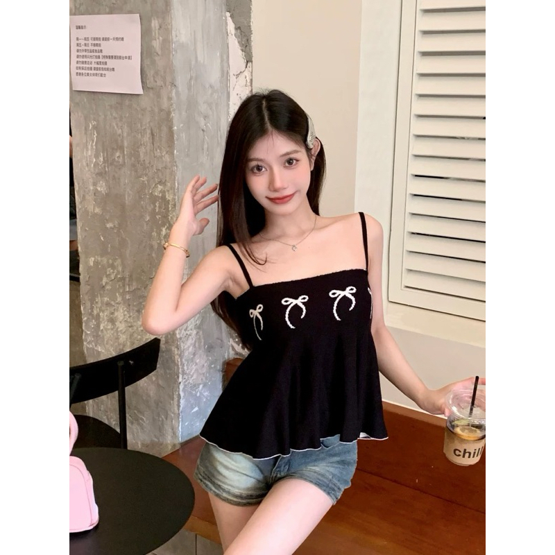 Bentoy(Y9909)เสื้อสายเดี่ยวไหมพรม ลายโบว์หน้าอก ปลายระบาย รูปที่ 7