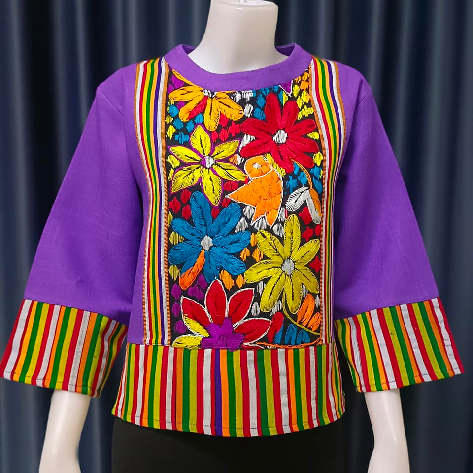 เสื้อผ้าใยกัญชง สีม่วงไทย แต่งผ้าลายปักเจ (Size 40)