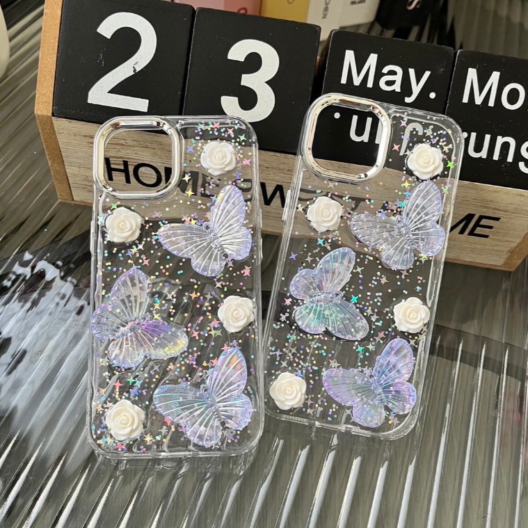 AD275 เคสเรซิ่นงานผีเสื้อดอกกุหลาบ+กริตเตอร์กากเพชร สินค้างานสวยแพ็คเกจกล่อง พร้อมส่งจากไทย