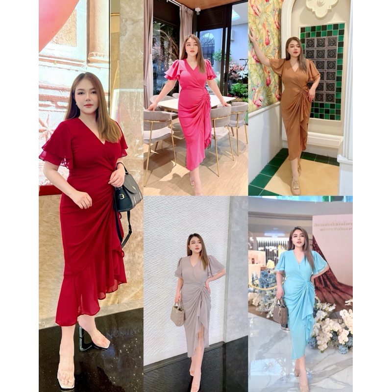 Best Seller เดรสยาวรูดข้างแขนระบายสองชั้นผ้าชีฟอง No.279#Maisieshop