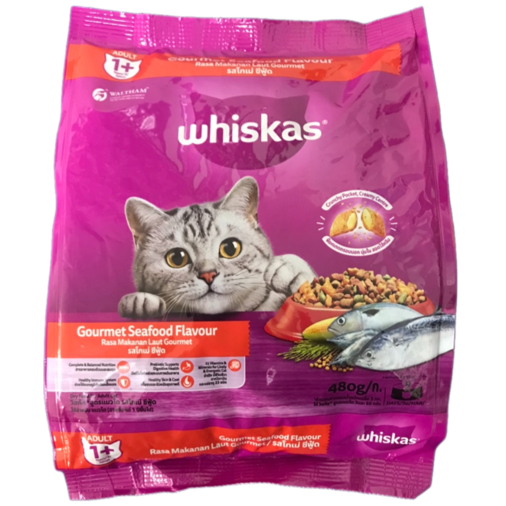 whiskas วิสกัส อาหารแมวโต รสโกเม่ ซีฟู้ด 480 กรัม