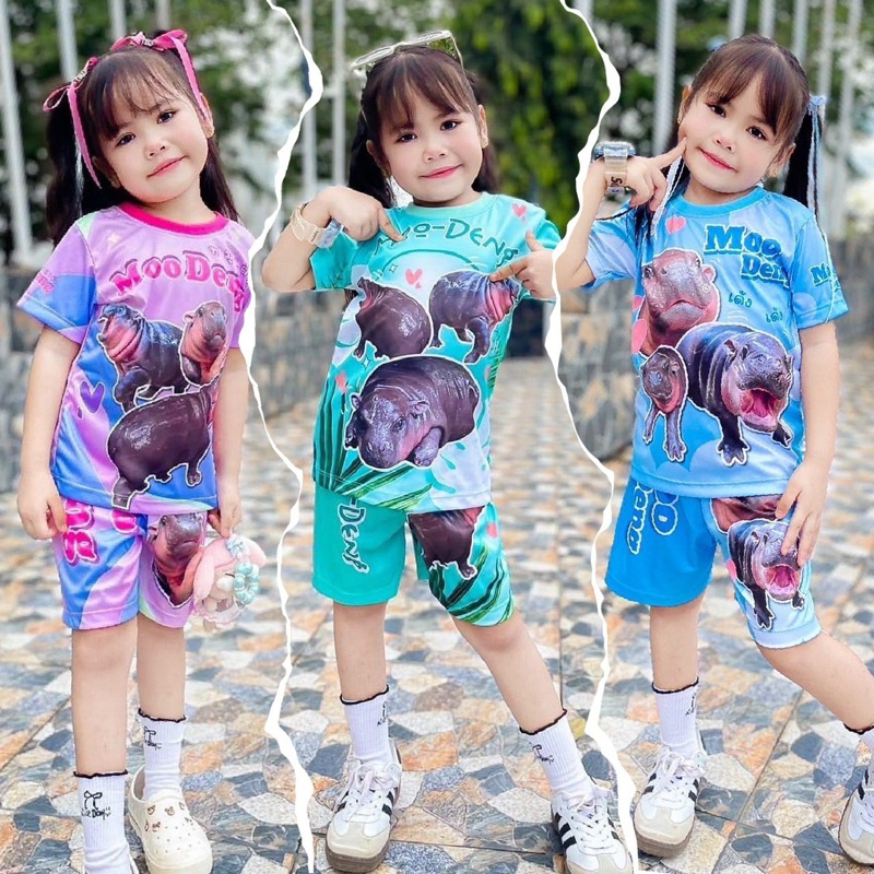 ชุดเซ็ตเด็ก ลายการ์ตูน หมูเด้ง แขนสั้น ขาสั้น ผ้าไมโครเนื้อเรียบ