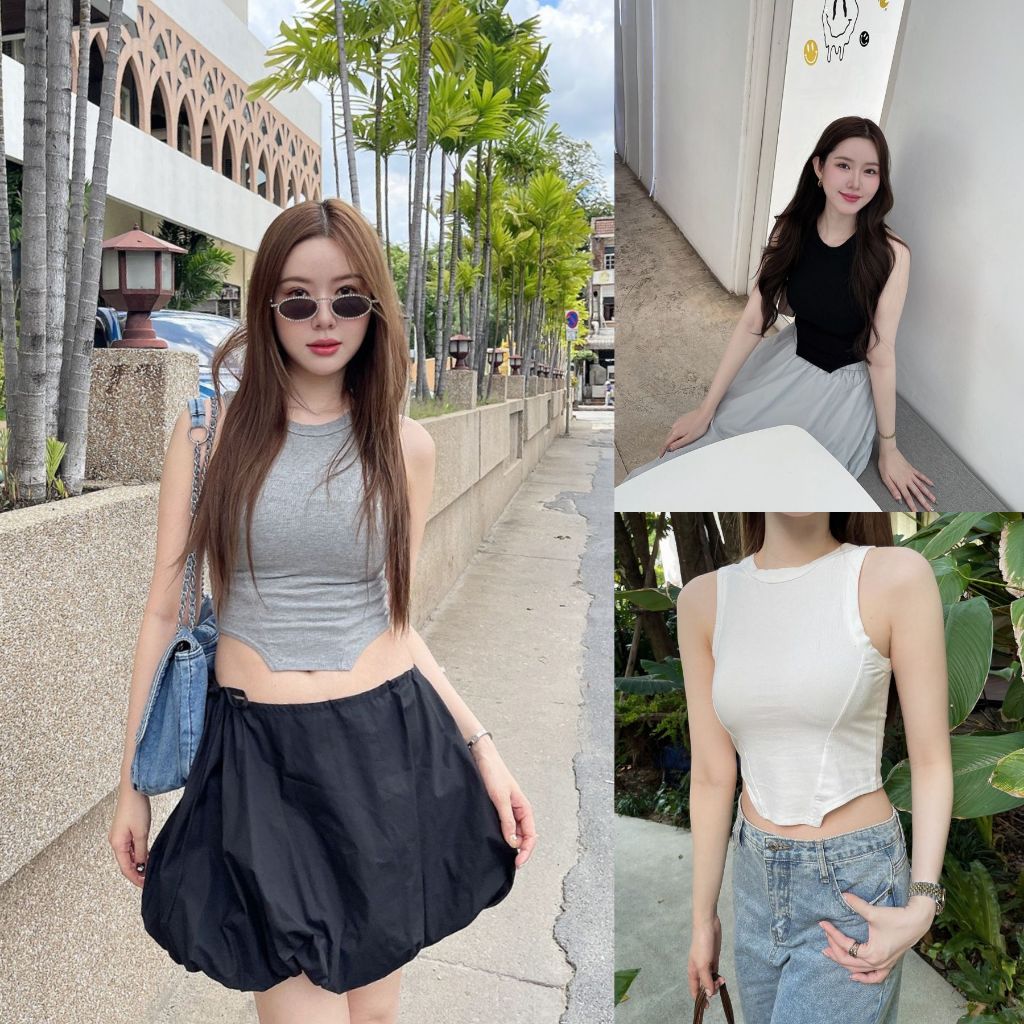 ขาว/เทา/ดำ SLYQ LUCA RIBBED JERSEY TOP เสื้อกล้าม เสื้อแขนกุด ผ้าร่อง เว้าเอว