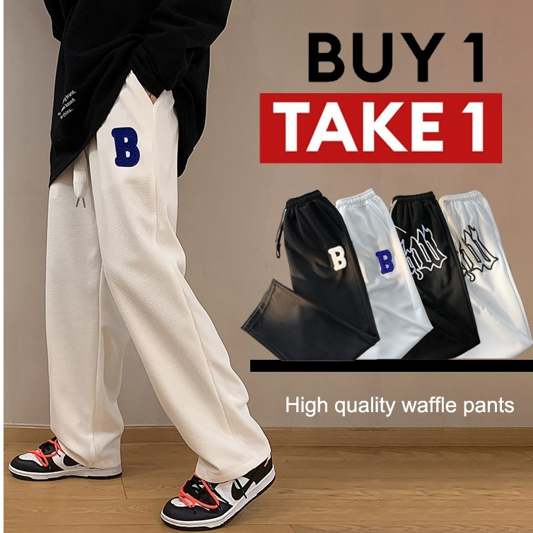 【ซื้อ 1 แถม 1】 วาฟเฟิลกางเกงผู้ชาย ins กางเกงลําลองขากว้างตรง High Street หลวมกีฬา Sweatpants