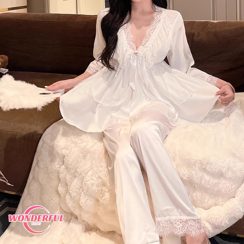 Wonderful Night💓💓ชุดนอนซาติน ชุดนอนผู้หญิง ชุดสองชิ้น ครึ่งแขน คอวี ลูกไม้ ชุดอยู่บ้าน ใส่สบาย