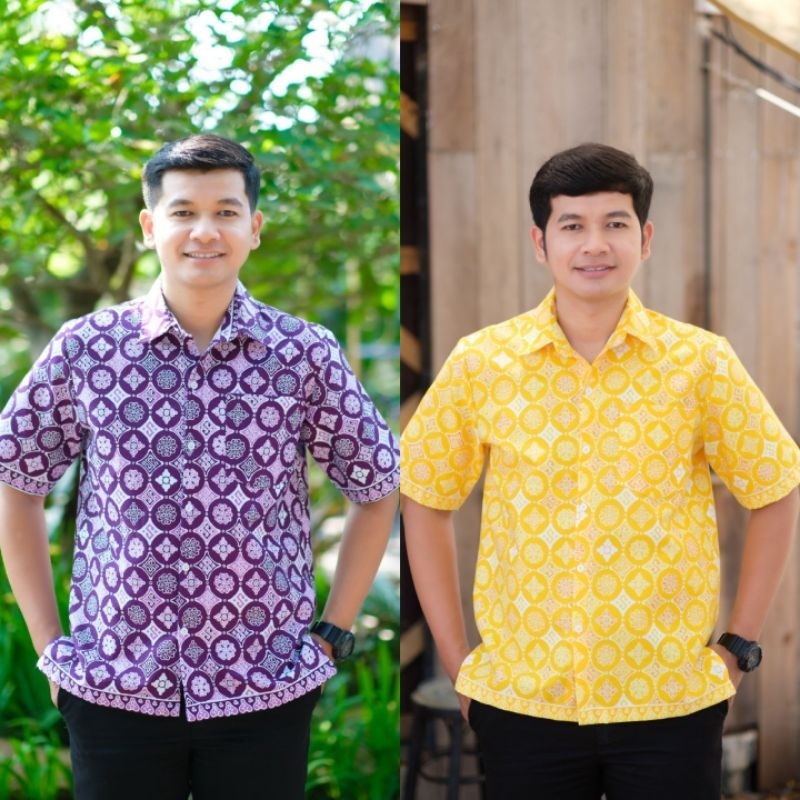 เสื้อผเชิ้ตผู้ชายลายดอกรักพระราชทานงานอัดกาวทั้งตัวผ้าคอตตอลใส่สบายระบายอากาสได้ดี