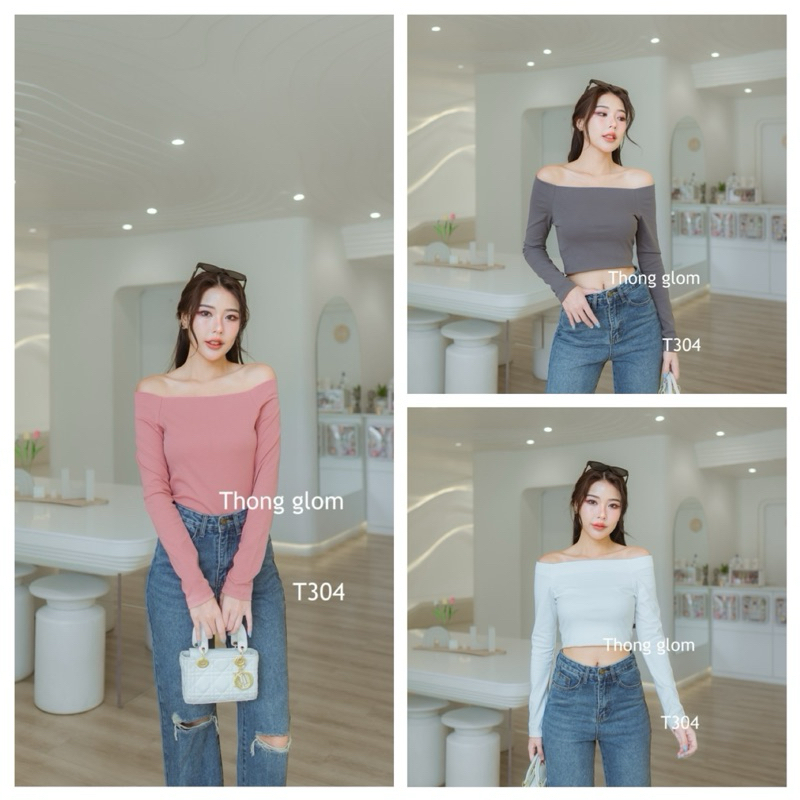 T304 เสื้อแขนยาวปาดไหล่ผ้ายูนิโคล่เนื้อญี่ปุ่น นุ่มหนาเกรดดี