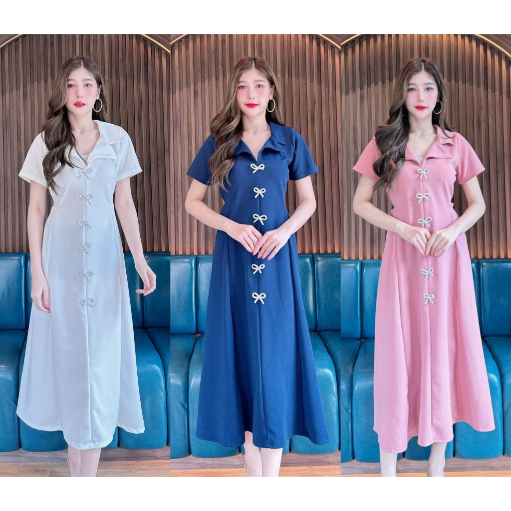 สินค้าพร้อมส่ง เดรสยาวผ้าวูลเวฟคอปกแต่งโบว์เพชรซิปหลังพร้อมสายผูกเอว (B36,B56,B57) A4589