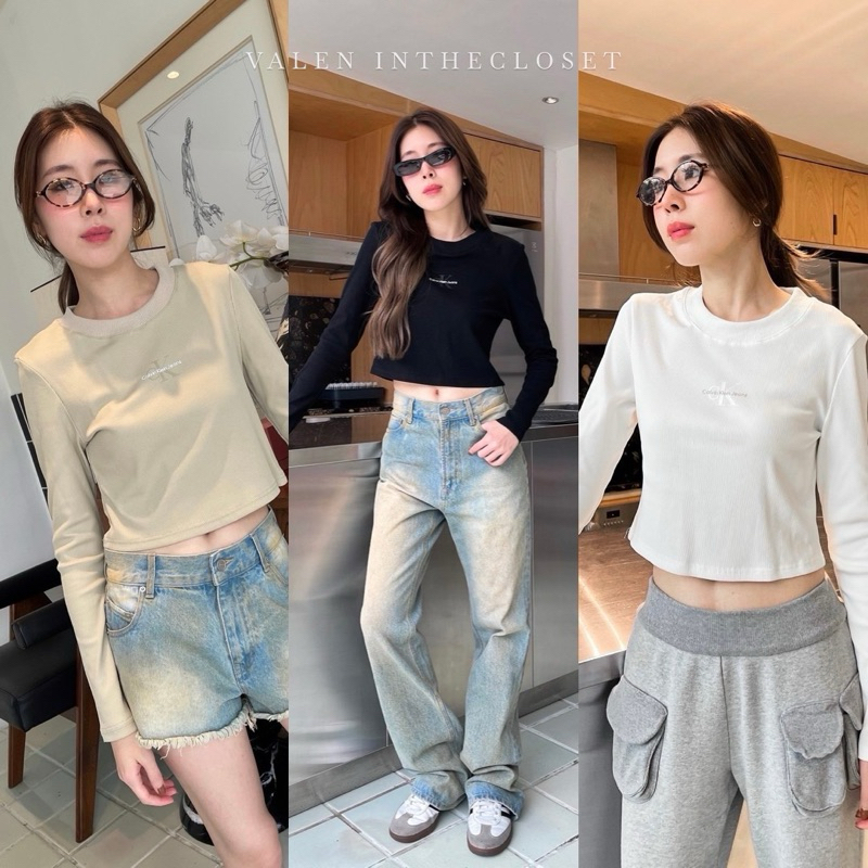 C basic crop top 🔖 เสื้อแขนยาวผ้าร่อง มีดีเทลโลโกหน้าอก  งานชนช๊อป แมทช์กับอะไรก็ดูดี