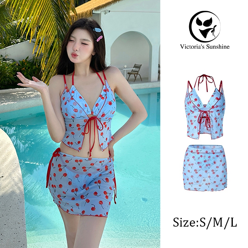 ส่งไวจากไทย ชุดว่ายน้ำกระโปรง cherry swimsuit เที่ยวทะเล 4ชิ้น summer bikini set#0372