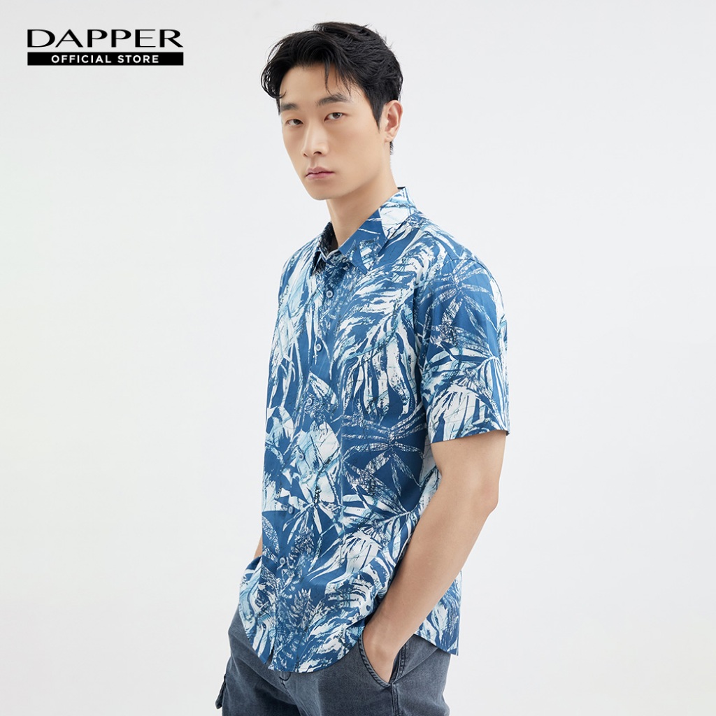 DAPPER เสื้อเชิ้ตแขนสั้น Leaf Motif Print สีฟ้า (BCS/NA/301TP)